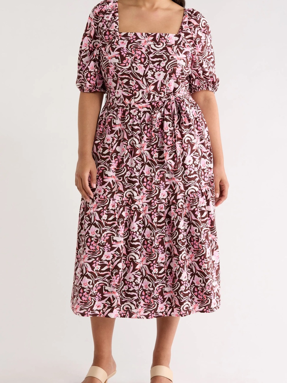 58. Caslon • NWT $165 USlinen blend Pink and Brown Floral Square-Neck Midi Dress